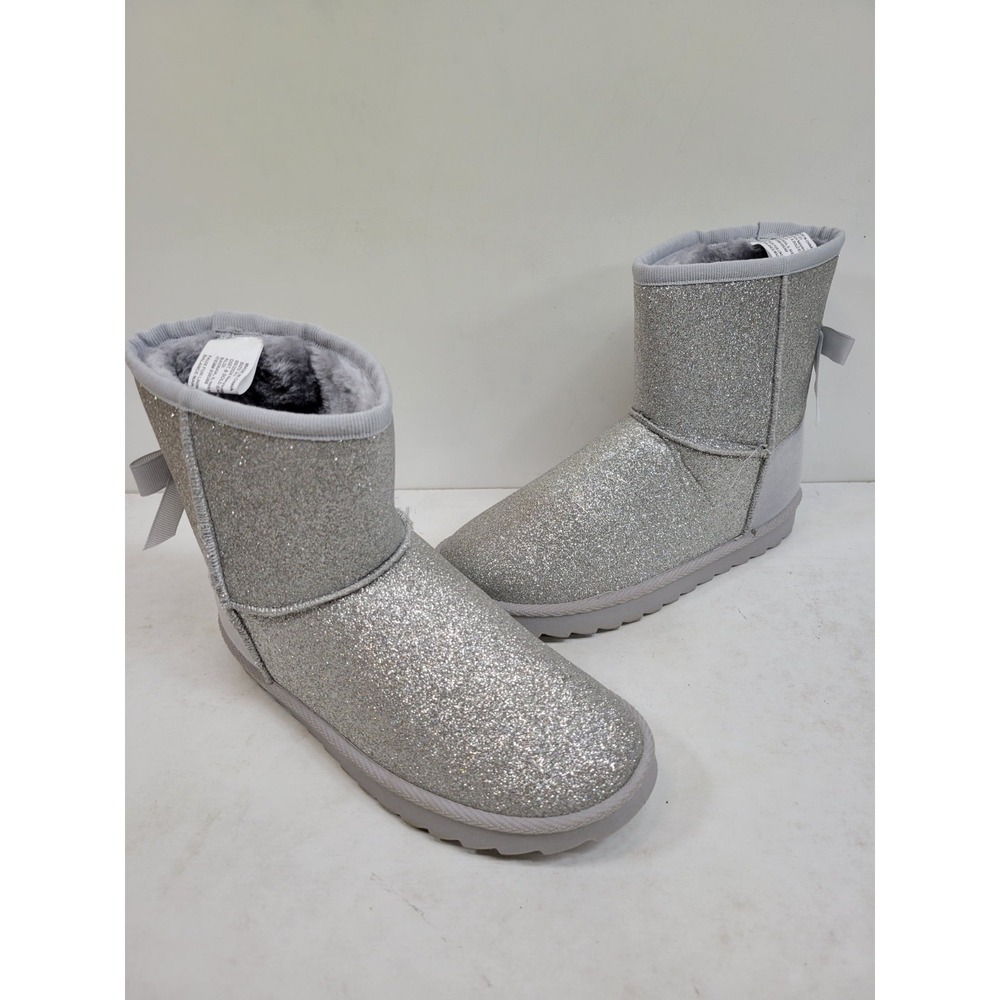 L&D Girls Size 2/3 Silver Glitter Cozy Boots Faux Fur Lined Bow Winter Sparkle